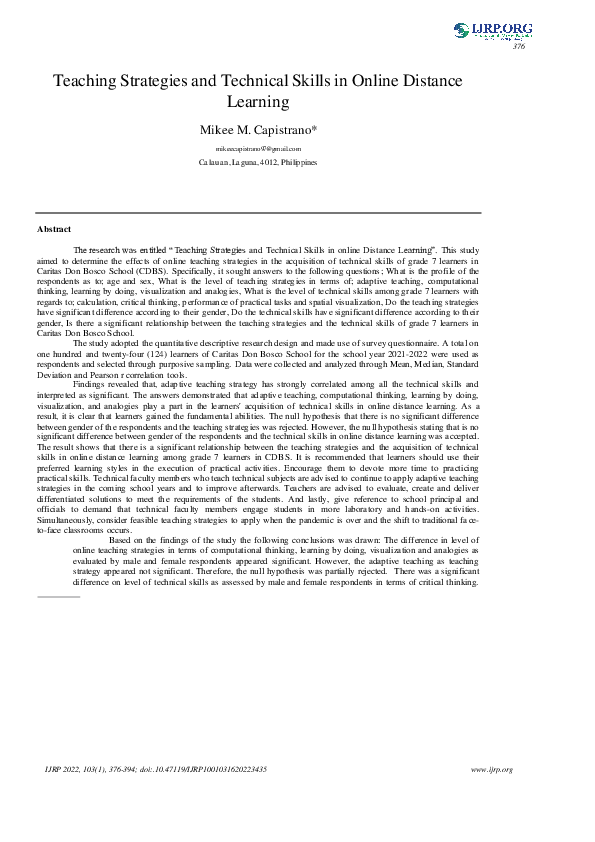 (PDF) Teaching Strategies and Technical Skills in Online Distance Learning