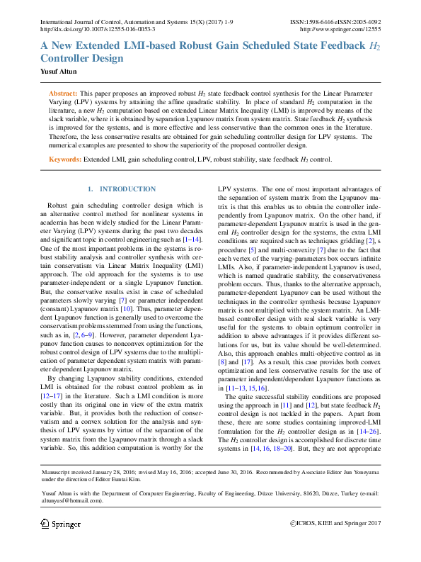 (PDF) A new extended LMI-based robust gain scheduled state feedback H 2 ...
