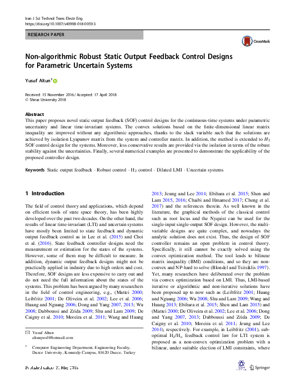(PDF) Non-algorithmic Robust Static Output Feedback Control Designs for ...