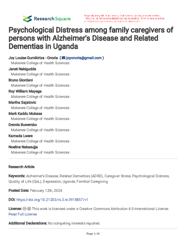 (PDF) Psychological Distress among family caregivers of persons with ...