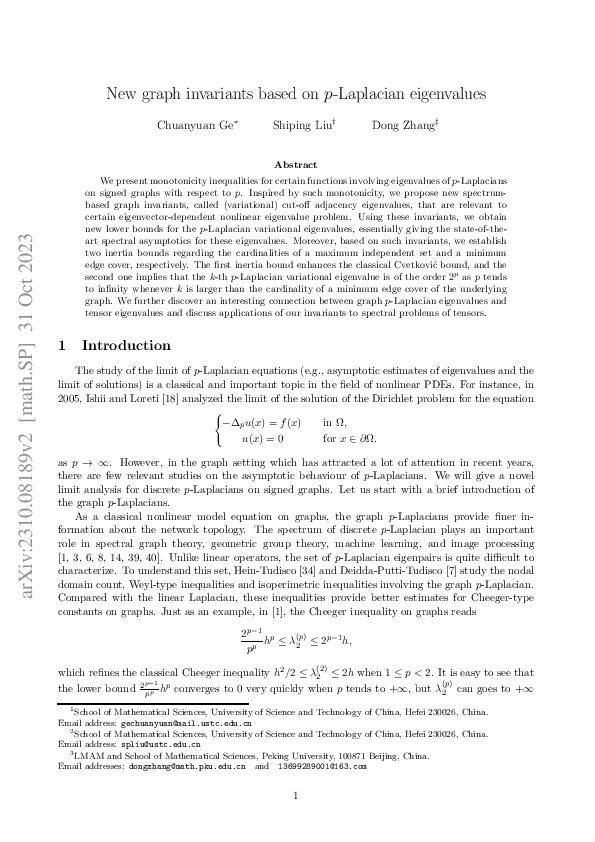 (PDF) New graph invariants based on $p$-Laplacian eigenvalues