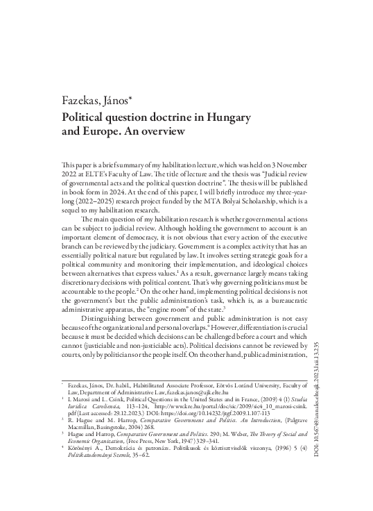 (PDF) Political question doctrine in Hungary and Europe. An overview