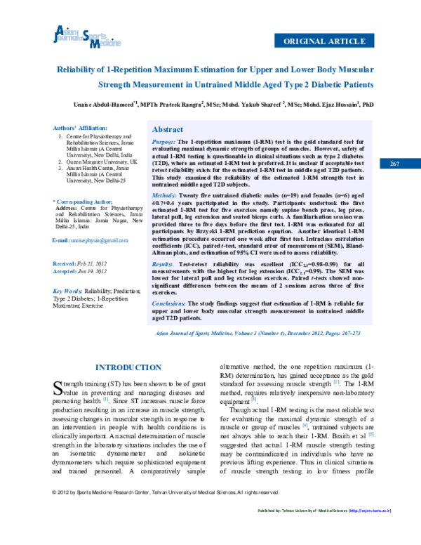 (PDF) Reliability of 1-Repetition Maximum Estimation for Upper and ...