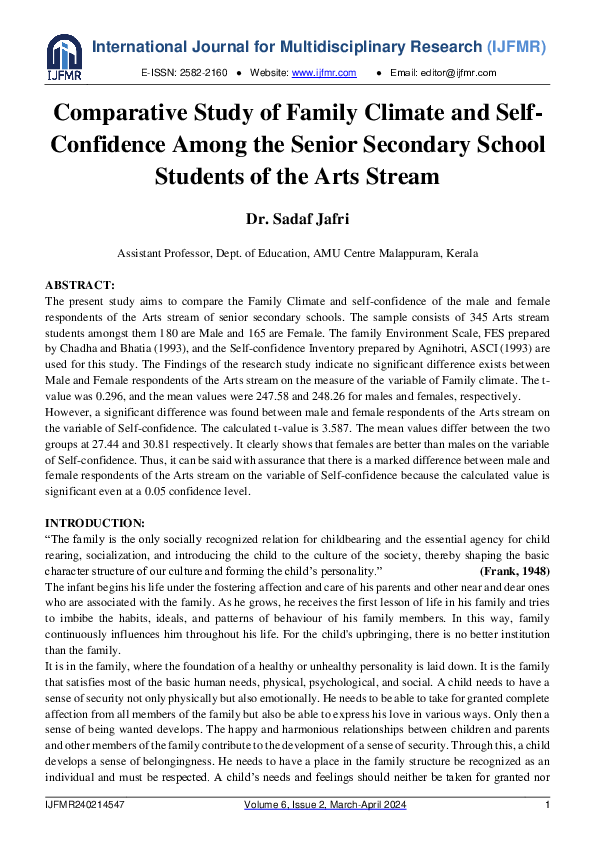 (PDF) Comparative Study of Family Climate and Self-confidence among the ...