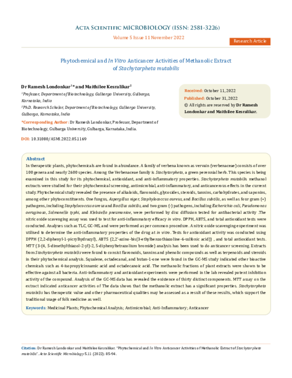 (PDF) Phytochemical and In Vitro Anticancer Activities of Methanolic ...