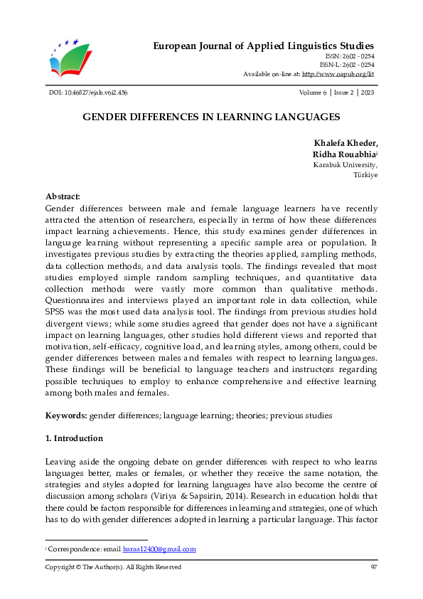 (PDF) GENDER DIFFERENCES IN LEARNING LANGUAGES