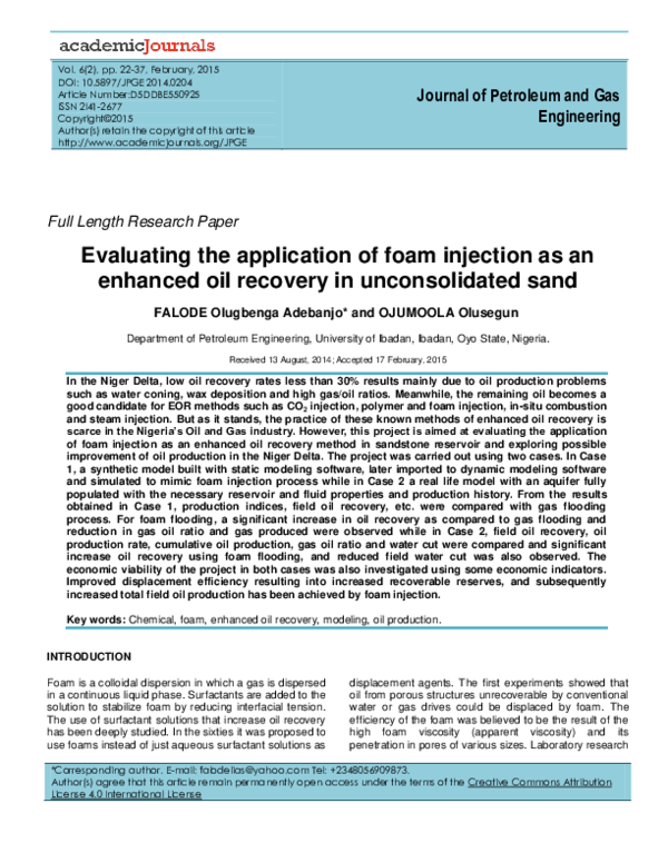 (PDF) Evaluating the application of foam injection as an enhanced oil ...