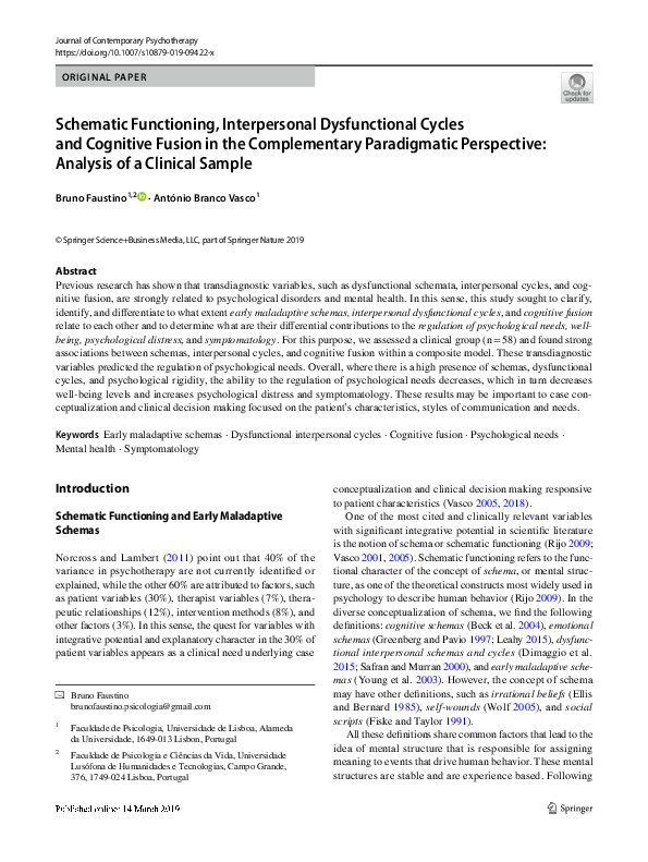 (PDF) Schematic Functioning, Interpersonal Dysfunctional Cycles and ...
