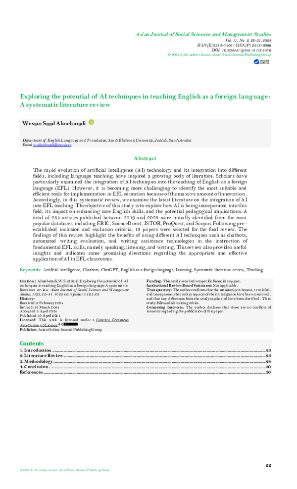 (PDF) Exploring the potential of AI techniques in teaching English as a ...