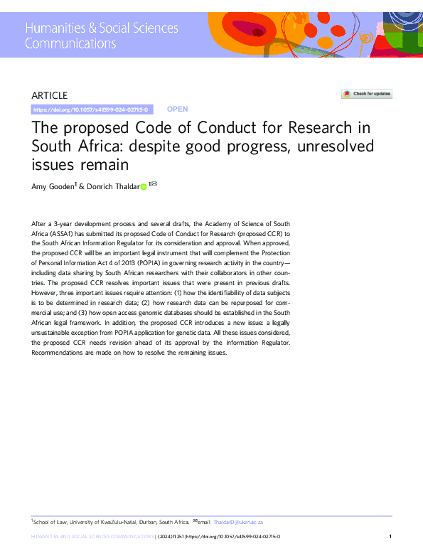 (PDF) The proposed Code of Conduct for Research in South Africa ...