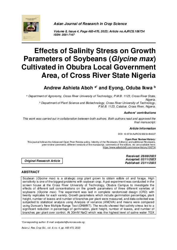 (PDF) Effects of Salinity Stress on Growth Parameters of Soybeans ...