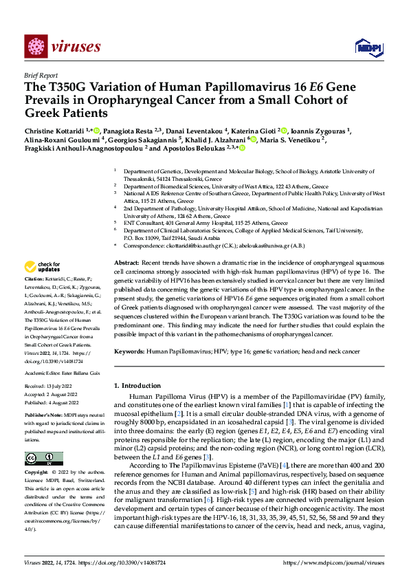 (PDF) The T350G Variation of Human Papillomavirus 16 E6 Gene Prevails ...