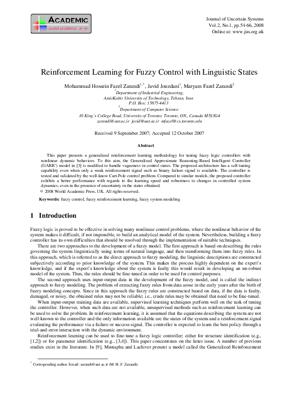 (PDF) Reinforcement learning for fuzzy control with linguistic states ...