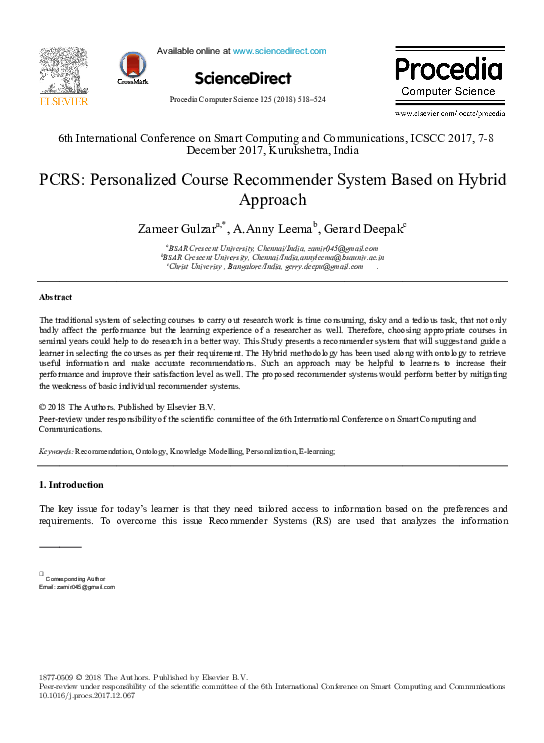 (PDF) PCRS: Personalized Course Recommender System Based on Hybrid Approach