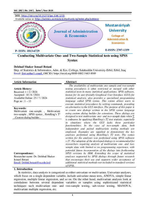(PDF) Conducting Multivariate One-and Two-Sample Statistical tests ...