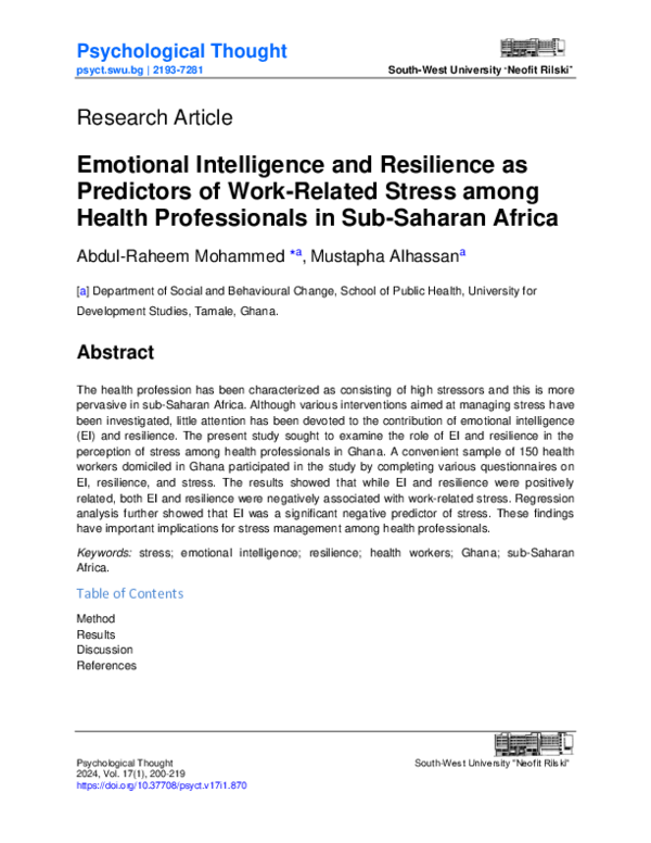 (PDF) Emotional Intelligence and Resilience as Predictors of Work ...