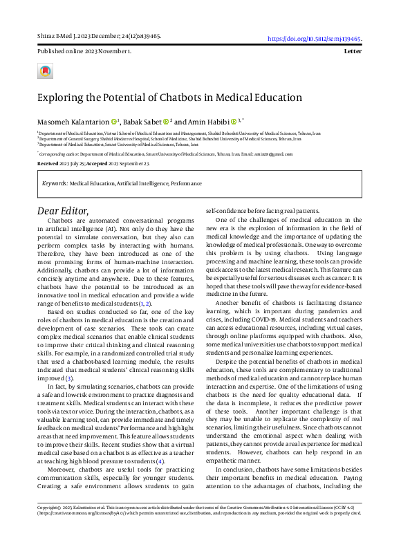 (PDF) Exploring the Potential of Chatbots in Medical Education