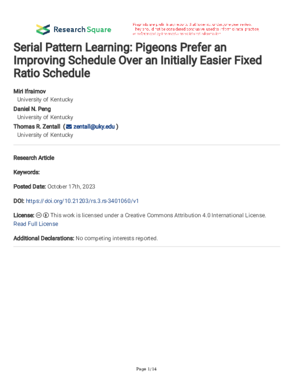 (PDF) Serial Pattern Learning: Pigeons Prefer an Improving Schedule ...