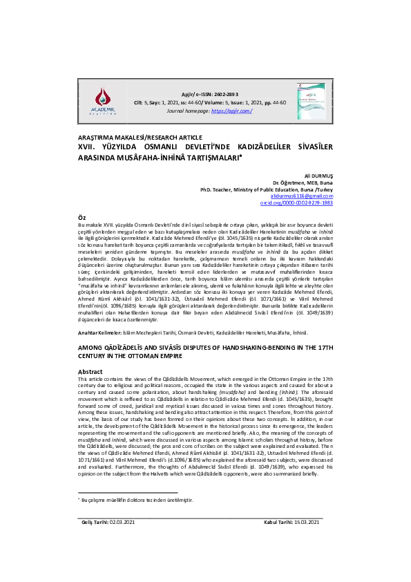 (PDF) 17. Yüzyılda Osmanlı Devleti’nde Kadızâdeliler Sivasîler Arasında ...