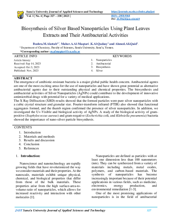 (PDF) Biosynthesis of Silver Based Nanoparticles Using Plant Leaves ...
