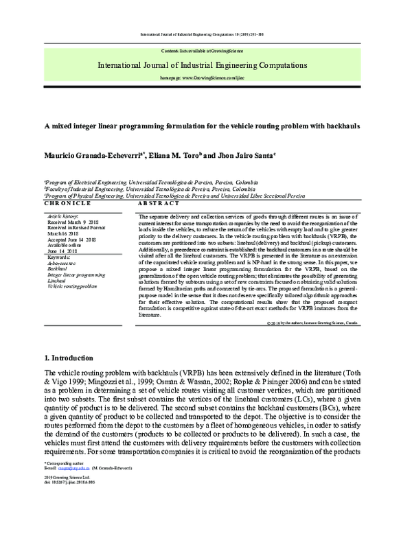 (PDF) A mixed integer linear programming formulation for the vehicle ...