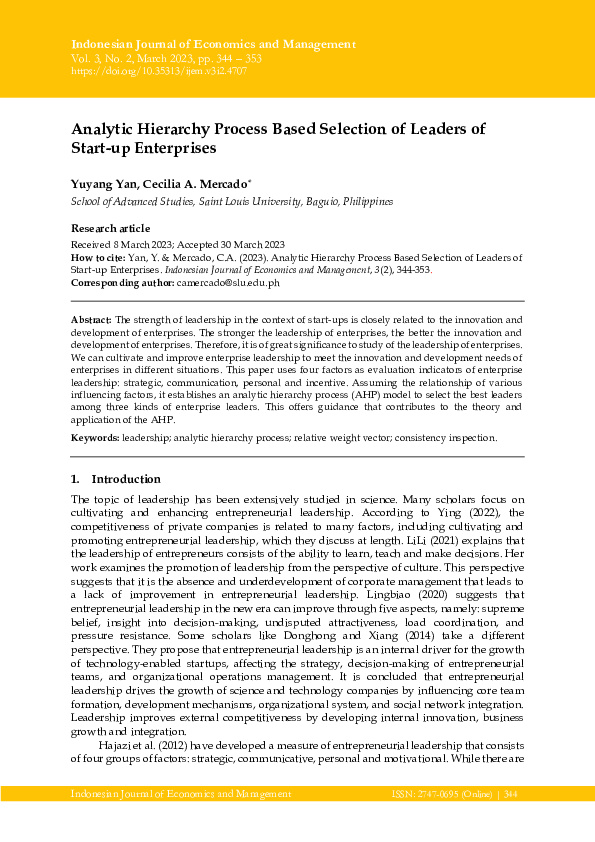 (PDF) Analytic Hierarchy Process Based Selection of Leaders of Start-up ...