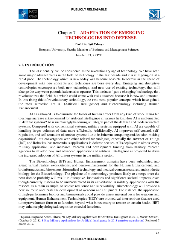 (PDF) Chapter 7 -ADAPTATION OF EMERGING TECHNOLOGIES INTO DEFENSE