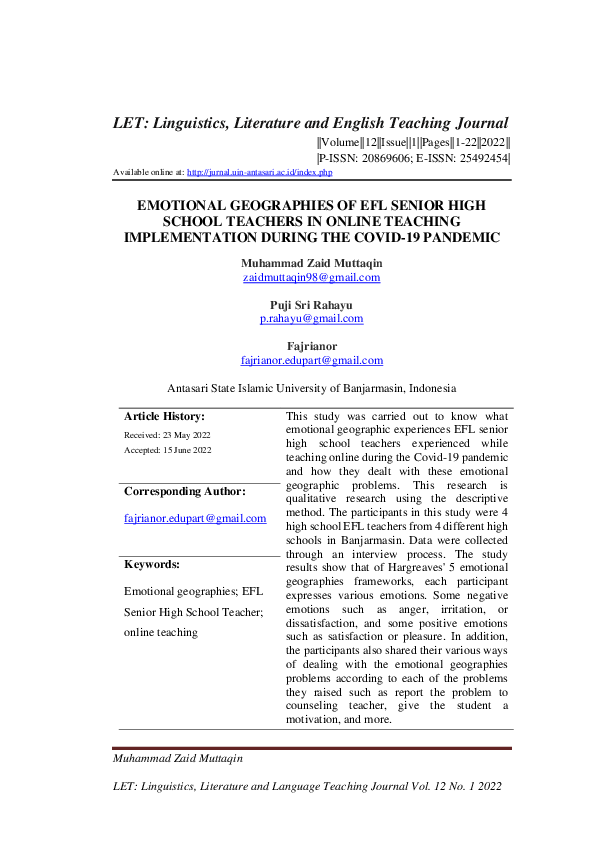 (PDF) Emotional Geographies of Efl Senior High School Teachers in ...