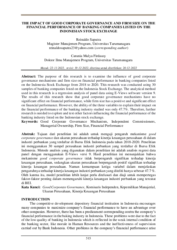 (PDF) The impact of good corporate governance and firm size on the ...