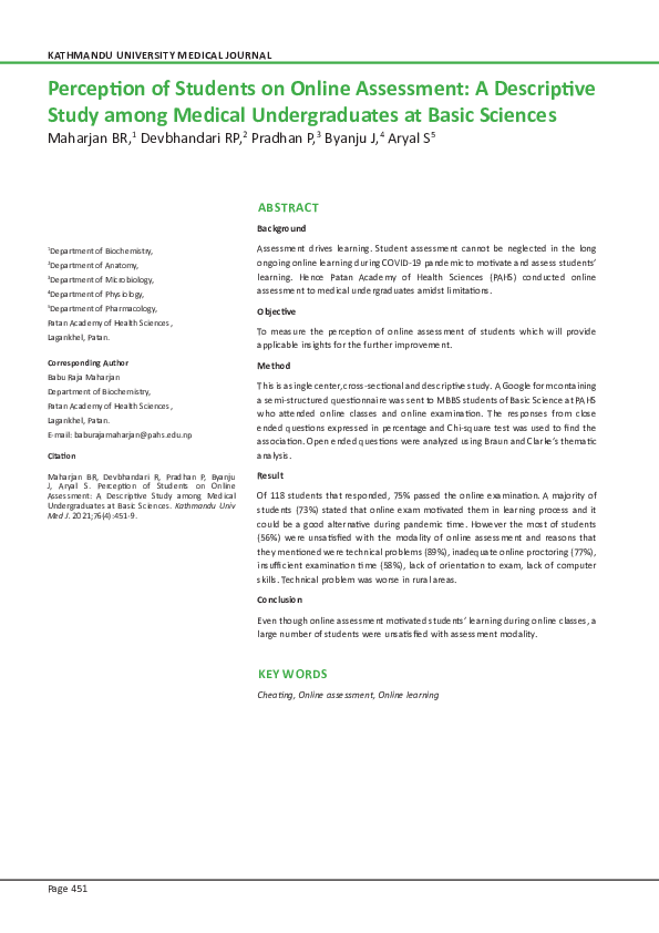 (PDF) Perception of Students on Online Assessment: A Descriptive Study ...