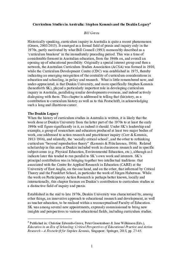 (PDF) Curriculum Studies in Australia: Stephen Kemmis and the Deakin Legacy