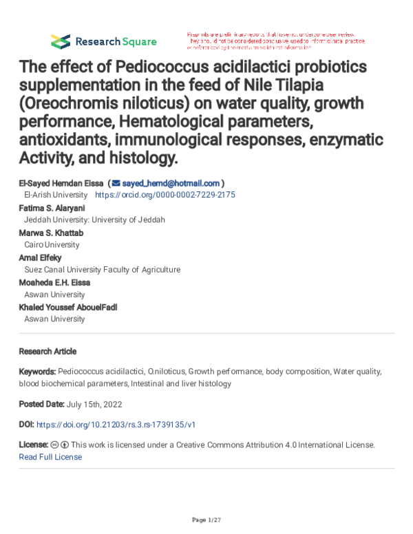(PDF) The effect of Pediococcus acidilactici probiotics supplementation ...