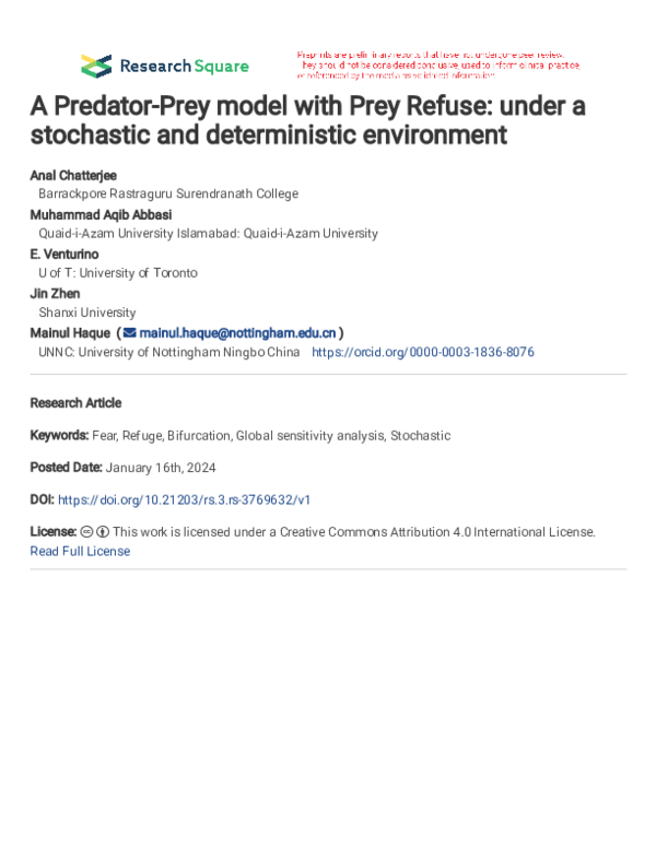 (PDF) A Predator-Prey model with Prey Refuse: under a stochastic and ...