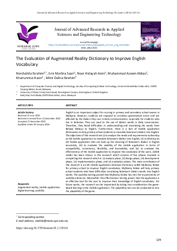 (PDF) The Evaluation of Augmented Reality Dictionary to Improve English ...