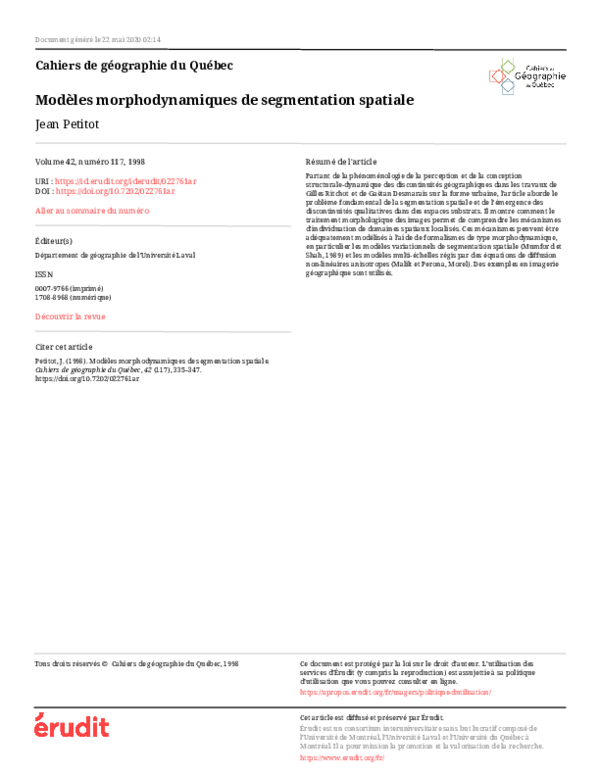 (PDF) Modèles morphodynamiques de segmentation spatiale