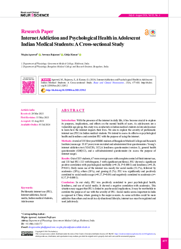 (PDF) Internet Addiction and Psychological Health in Adolescent Indian ...