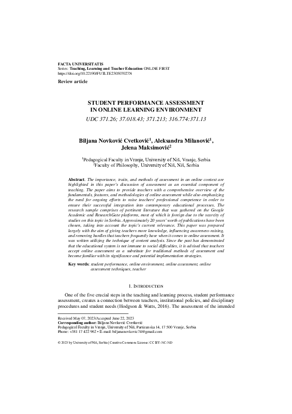 (PDF) Student Performance Assessment in Online Learning Environment