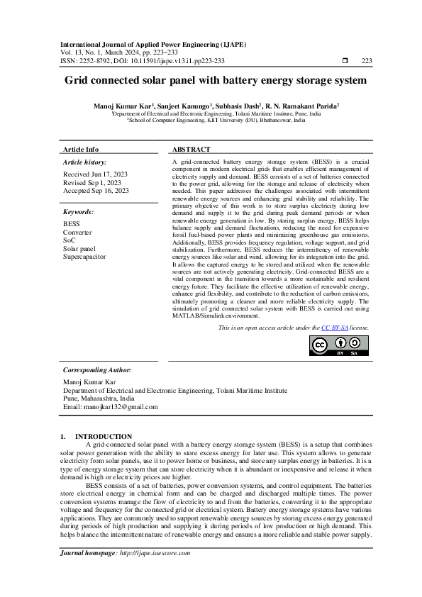 (PDF) Grid connected solar panel with battery energy storage system