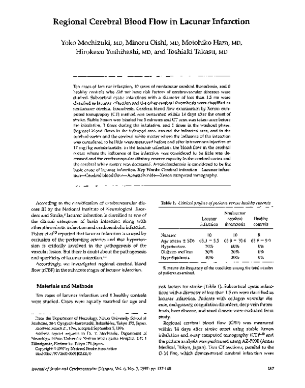 (PDF) Regional cerebral blood flow in lacunar infarction