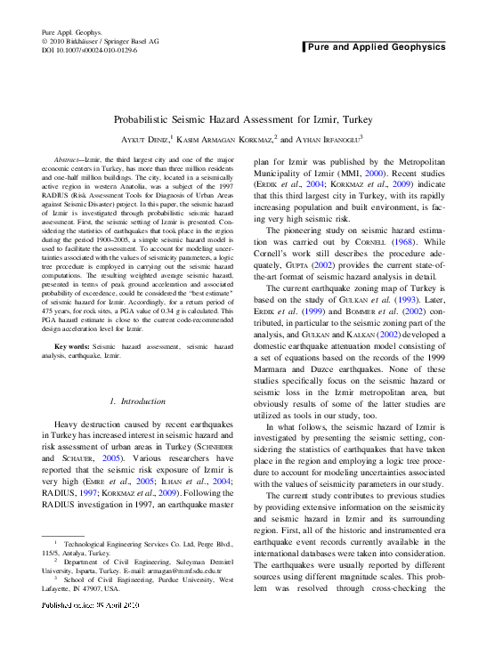 (PDF) Probabilistic Seismic Hazard Assessment for Izmir, Turkey