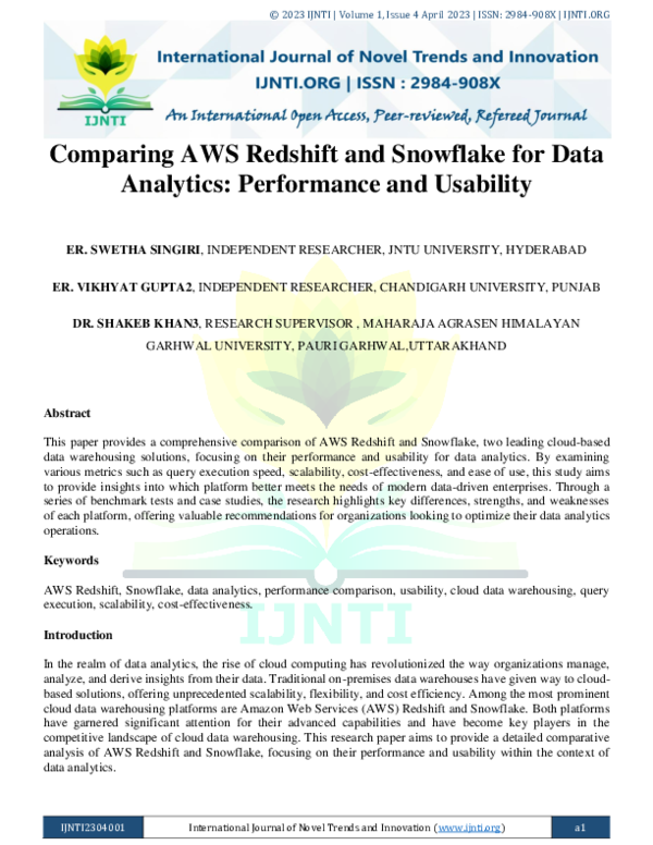 (PDF) Comparing AWS Redshift and Snowflake for Data Analytics ...