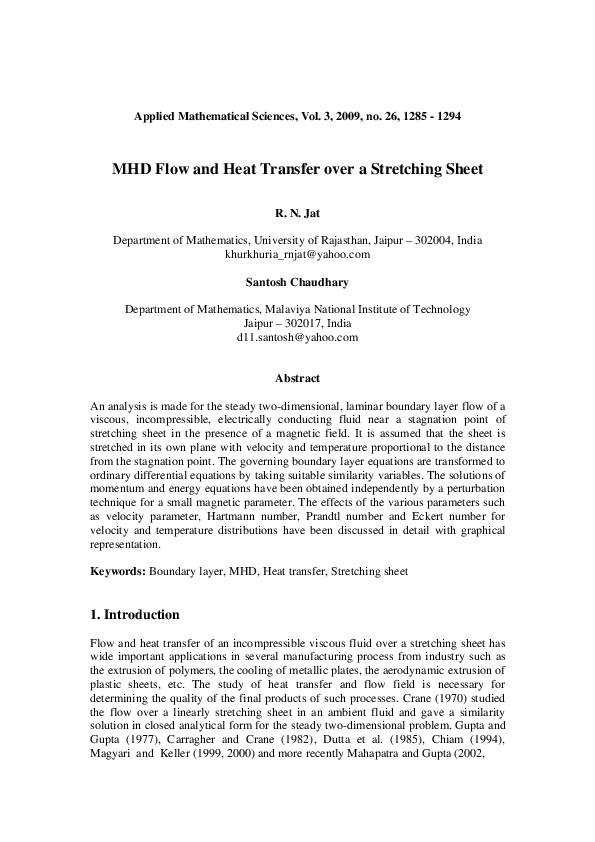 (PDF) MHD Flow and Heat Transfer over a Stretching Sheet
