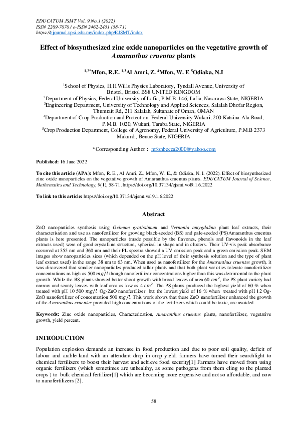 (PDF) Effect of biosynthesized zinc oxide nanoparticles on the ...