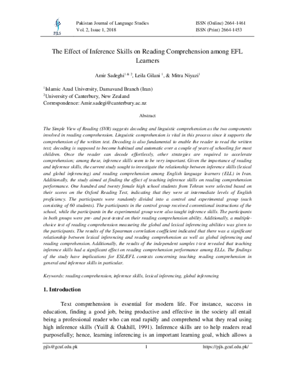 (PDF) The Effect of Inference Skills on Reading Comprehension among EFL ...