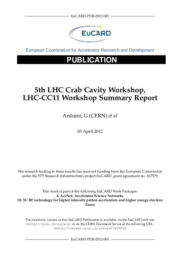 (PDF) 5th LHC Crab Cavity Workshop, LHC-CC11 Workshop Summary Report