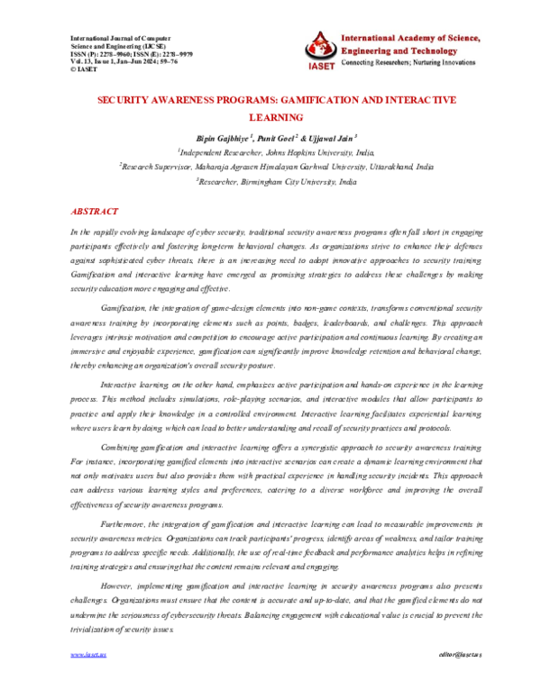 (PDF) SECURITY AWARENESS PROGRAMS: GAMIFICATION AND INTERACTIVE LEARNING