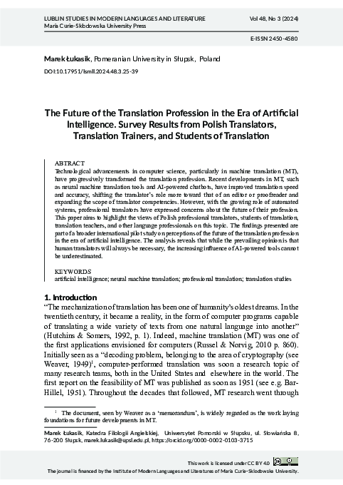 (PDF) The Future of the Translation Profession in the Era of Artificial ...