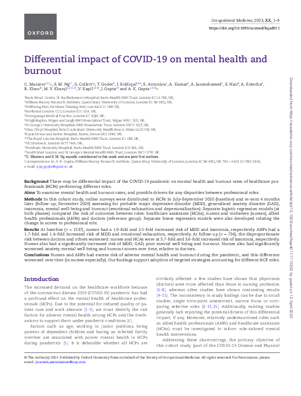 (PDF) Differential impact of COVID-19 on mental health and burnout