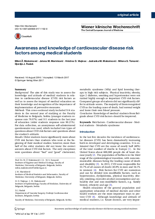 (PDF) Awareness and knowledge of cardiovascular disease risk factors ...
