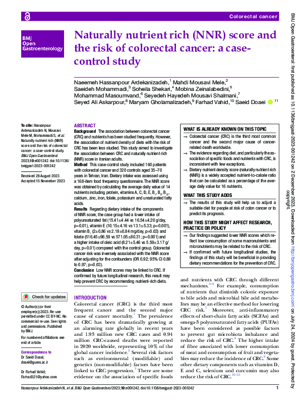 (PDF) Naturally nutrient rich (NNR) score and the risk of colorectal ...